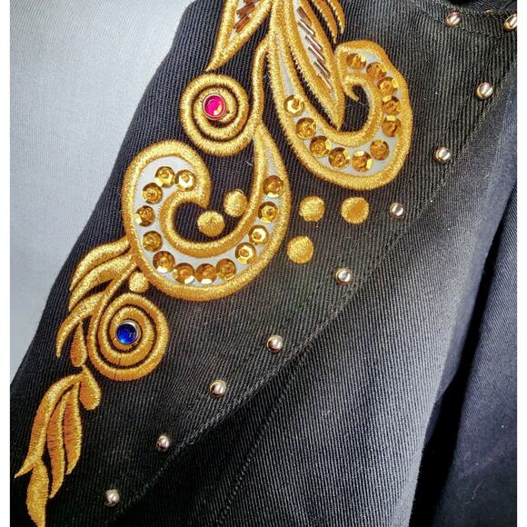 Vintage JenJen Darian 1980s Denim Blazer Jacket Gold Jewels Embroidery Studs 2X - Picture 8 of 15